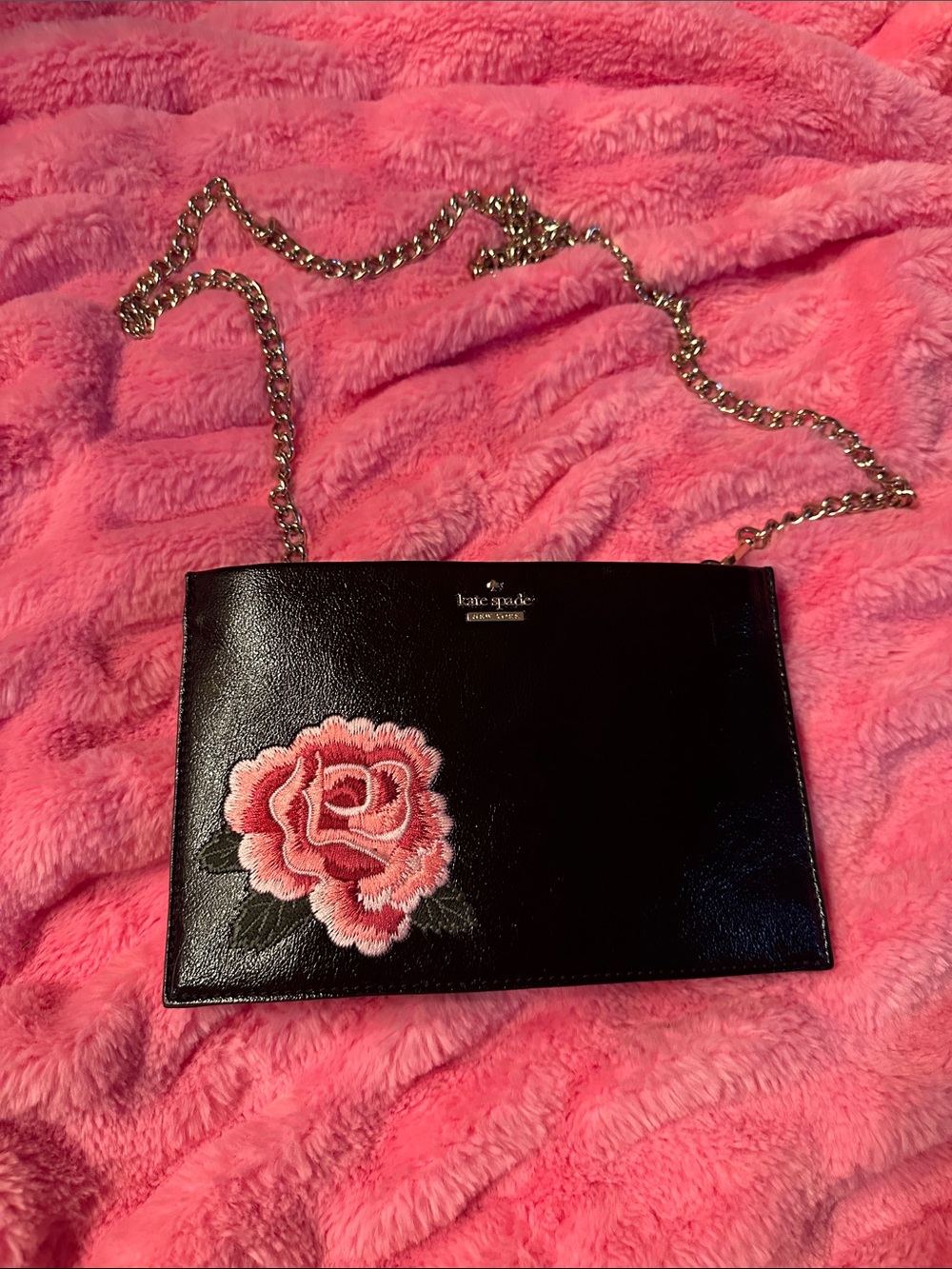kate spade Black Leather Crossbody with Pink Rose Appliqué and Gold Chain